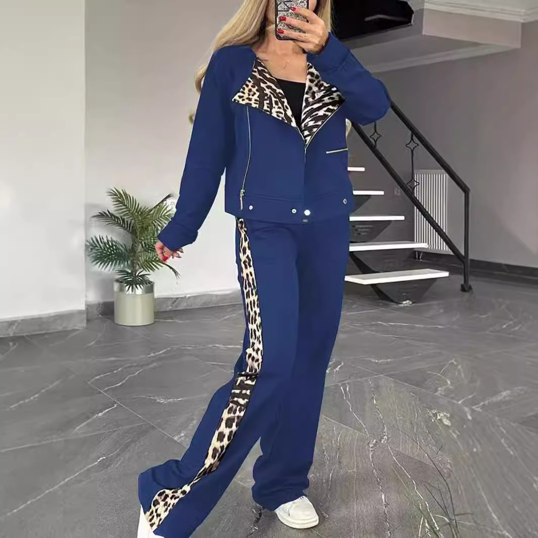 Women's Clothing Autumn and Winter Fashion Casual Double sided Leopard Print Suit Zipper Long Sleeve Suit Women_voghion.com