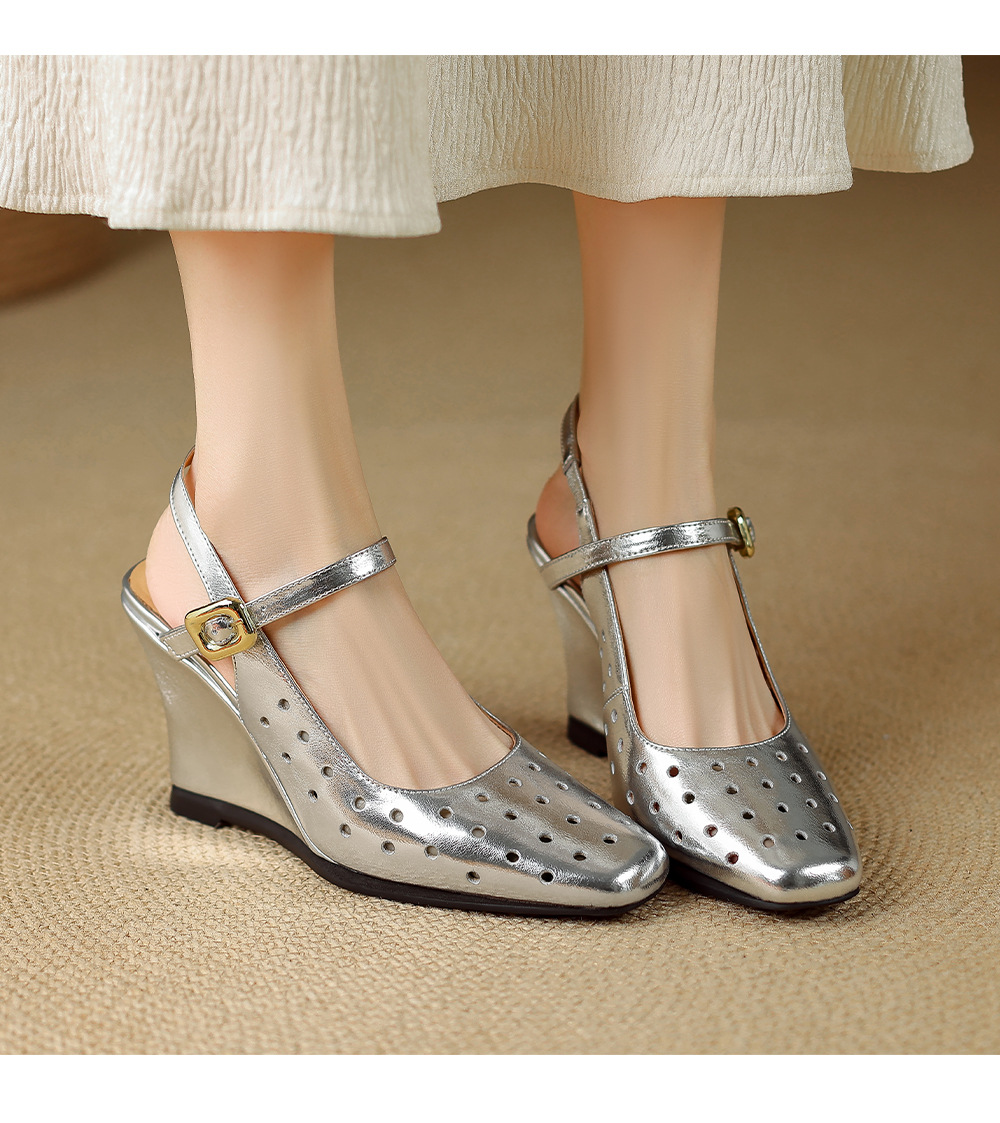 Sandal cao gót nữ mũi vuông quai ngang đế xuồng da thật lỗ thoáng khí — màu vàng, Trắng sữa, bạc chi tiết 7