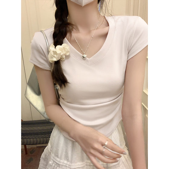 Cotton light blue V-neck Shoulder Short-sleeved T-shirt Women's Summer 2024 Fashionable All-match Western-style Fashionable Brand Waisted Pleated Top