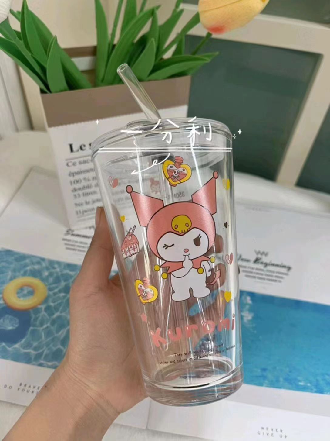 Sanrio vidrio red paja roja taza chica corazón escala taza de leche bebida jugo INS estilo leche taza de té con tapa