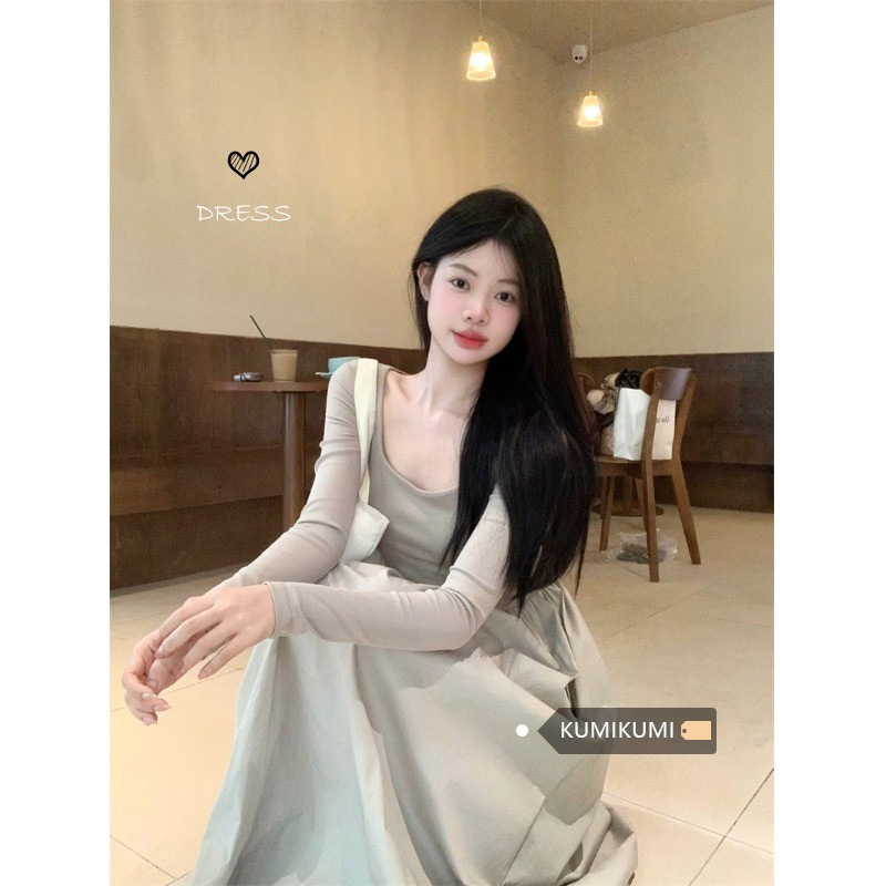 Hepburn style gray square collar long sleeve dress women's autumn and winter small mother's coat with alienation bottoming long skirt and ankle