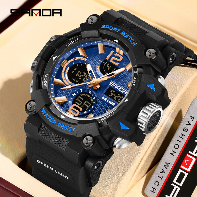 SANDA nuevo reloj de pulsera juvenil transparente al aire libre cool doble reloj de pantalla hombre impermeable luz nocturna reloj electrónico