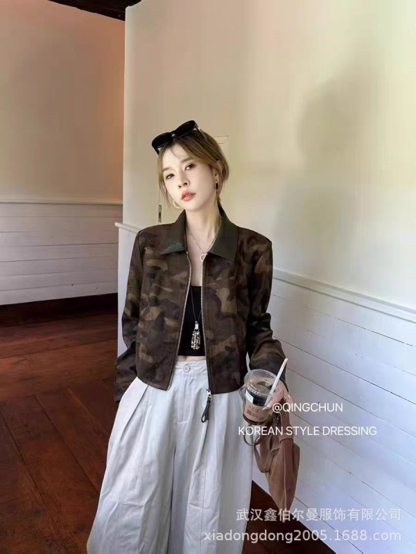 沙漠迷彩拉链短款翻领小外套女辣妹机能风修身仿麂皮绒上衣潮工厂|undefined