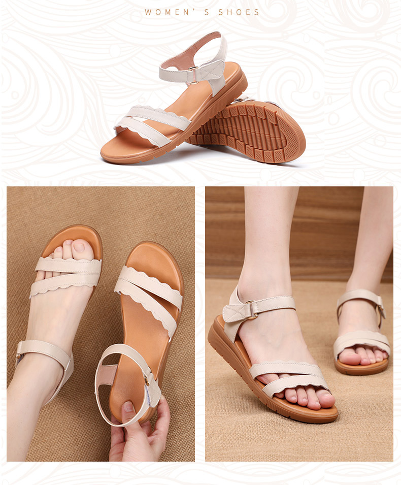 Sandal nữ đế bằng da thật chống trơn trượt, đế mềm thoải mái — màu be chi tiết 12