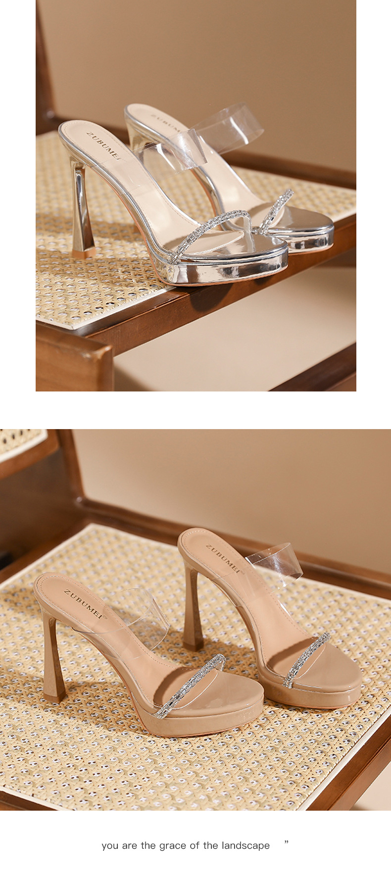 Sandal cao gót nữ quai ngang trong suốt, gót nhọn 9 cm, đế platform — trà sữa chi tiết 9