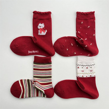 本命年红色袜子女秋冬条纹羊毛中筒袜波点圣诞袜日系小碎花新年袜