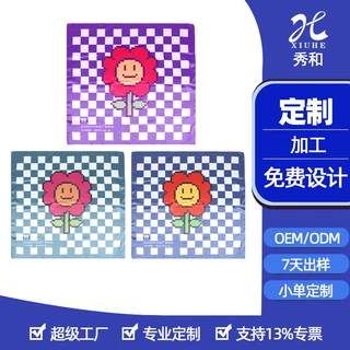 像素风仿真丝方巾定制 卡通花朵图案丝巾定做有光色丁丝巾定制