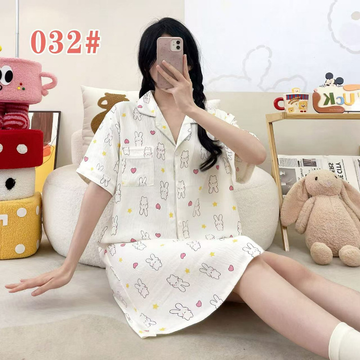 Pijama de verano de manga corta cardigan con solapa impresión de dibujos animados nubes de algodón dulce suelto medio largo vestido transfronterizo