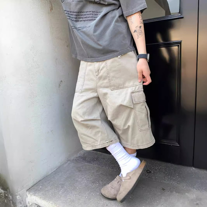 American Style Retro Solid Color Wide Leg Denim Capri Pants Multi-Pocket Design Crane Pants Washed Shorts Men's and Women's Fashion