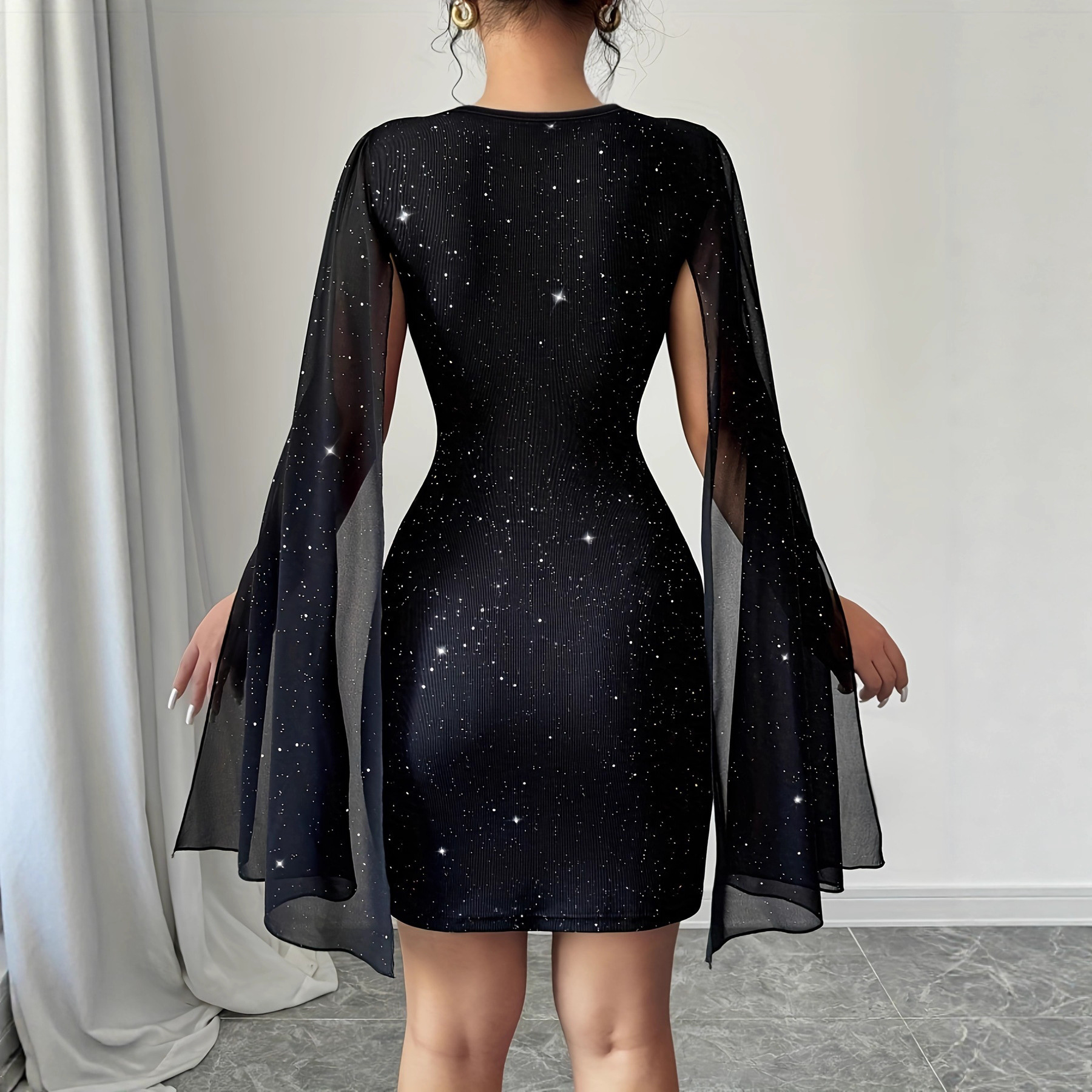 Women's Round Neck Ribbed Pearl Chiffon Cape Hip Dress European American Style Clothing For Women_ecoleips.com