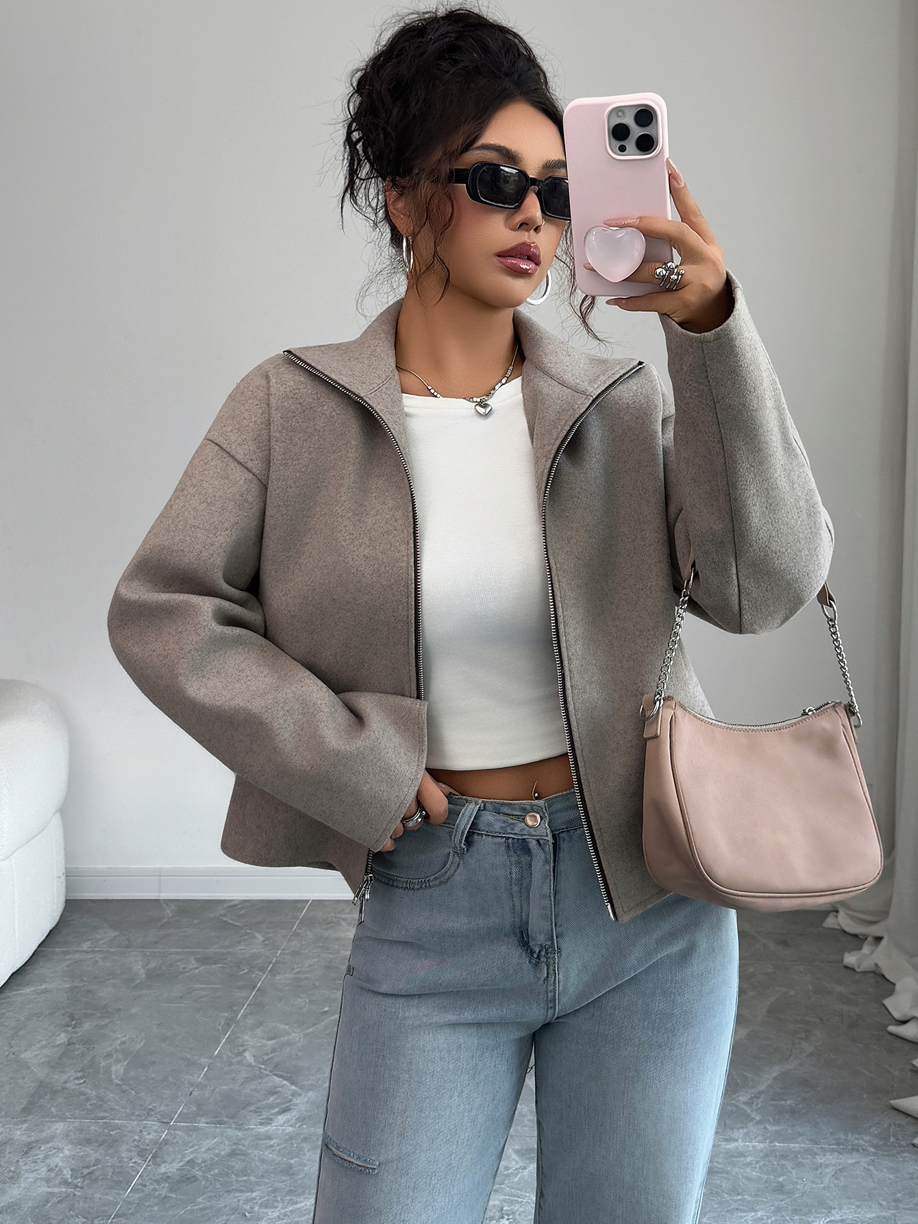 Elegant Dusty Rose Zip-Up Jacket For Women – Slim-Fit Long Sleeve Blazer Coat Versatile Layering Dusty Rose_ecoleips.com