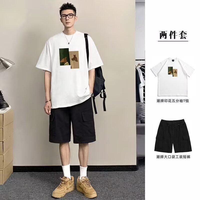 Summer Trendy Japanese-Style Pure Cotton Short-Sleeve T-Shirt Set for Men, Versatile Loose T-Shirt and Workwear Five-Point Pants Set, Trendy