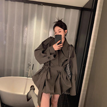 系带风衣外套女2025春秋新款小个子复古韩系中长款高级感宽松大衣