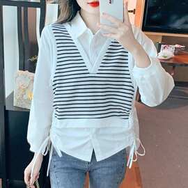 假两件条纹衬衫女装2025新款秋季POLO领抽绳长袖雪纺上衣漂亮小衫