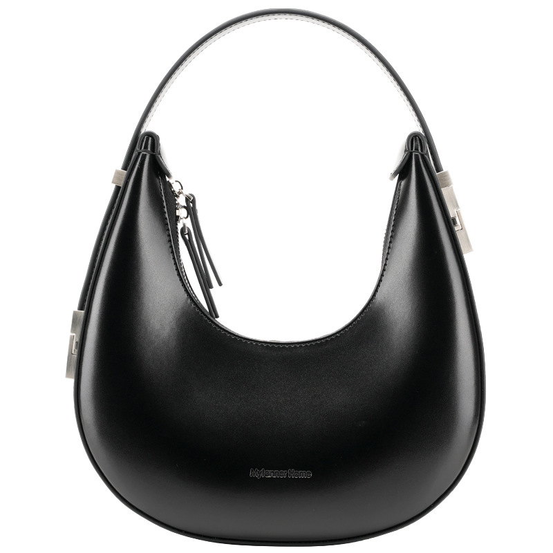 Women's Cowhide Crescent Bag Versatile Genuine Leather Commuter Underarm Bag Black Half Moon Shoulder Bag Luxury Handbag - Thumbnail 5