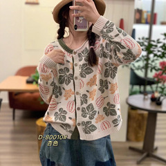 花朵毛衣开衫女 2025秋新款文艺复古印花宽松棉线针织上衣 80010