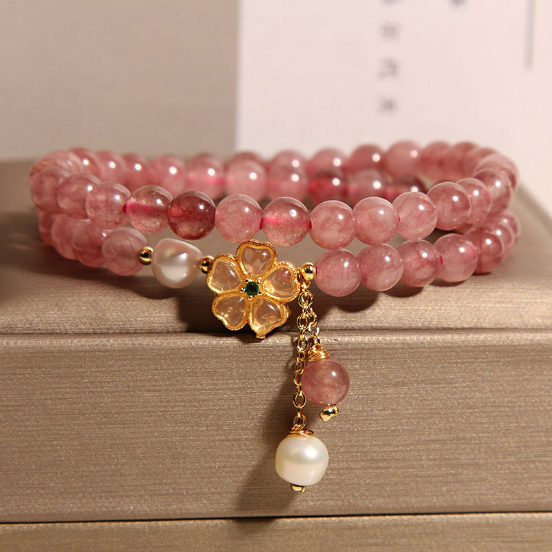 Pulsera de doble círculo de cristal de fresa natural para mujer, lujo ligero, nicho, sentido exquisito y de alta gama, pulsera de trébol de cuatro hojas, joyería de pulsera