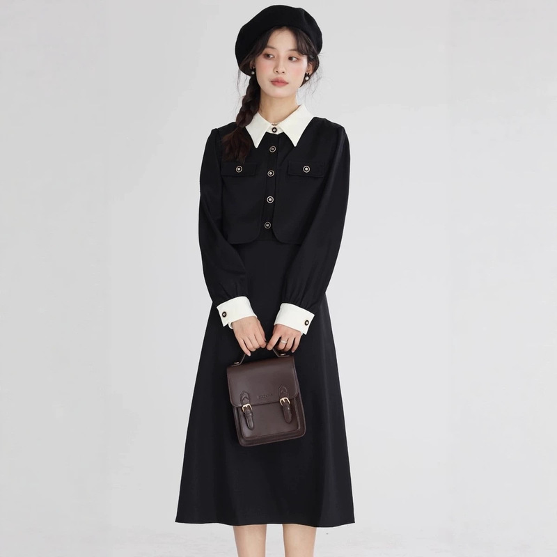 Cross-border college-style color-blocked polo collar dress for women, spring and autumn, two-piece look, formal occasion A-line midi dress Cross-border college-style color-blocked polo collar dress for women, spring and autumn, two-piece look, formal occasion A-line midi dress