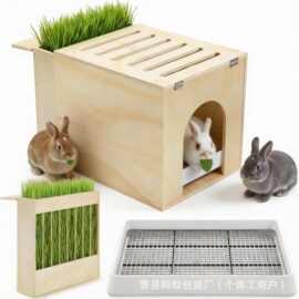 跨境木制兔子喂食器便盆箱干草喂食器 小型动物喂食窝干草架