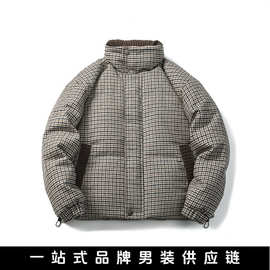 悟俗男装2024冬季新款潮牌千鸟格针织绒撞色羽绒服男女保暖面包服