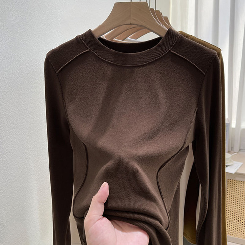 New Autumn/Winter Round-Neck Innerwear Fleece-Lined White Base Shirt for Women — Fashionable, Stylish, Slimming, Long-Sleeved T-Shirt Top