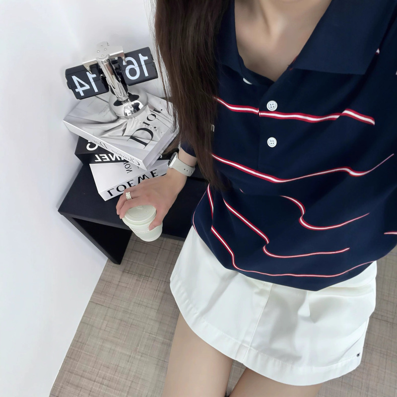 Miu系2025早秋新款藏青条纹字母刺绣翻领长袖上衣T恤男女POLO衫|undefined