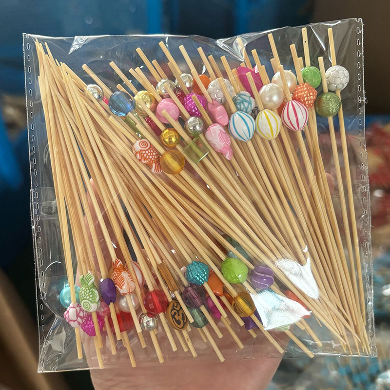 Nuevo producto decoración palo de bambú 100 piezas/paquete de fruta de dibujos animados lindo palo de bambú palo de hamburguesa palo de cóctel palo de bocadillo Amazon