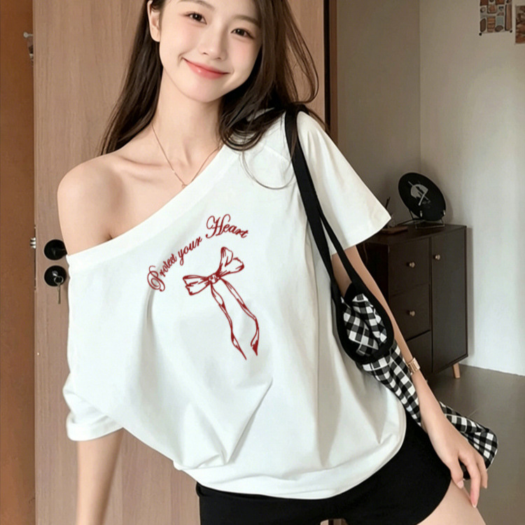 Korean-Style Ins Bowknot Design White Off-Shoulder Short-Sleeve T-Shirt Women's Summer New Casual Loose Top