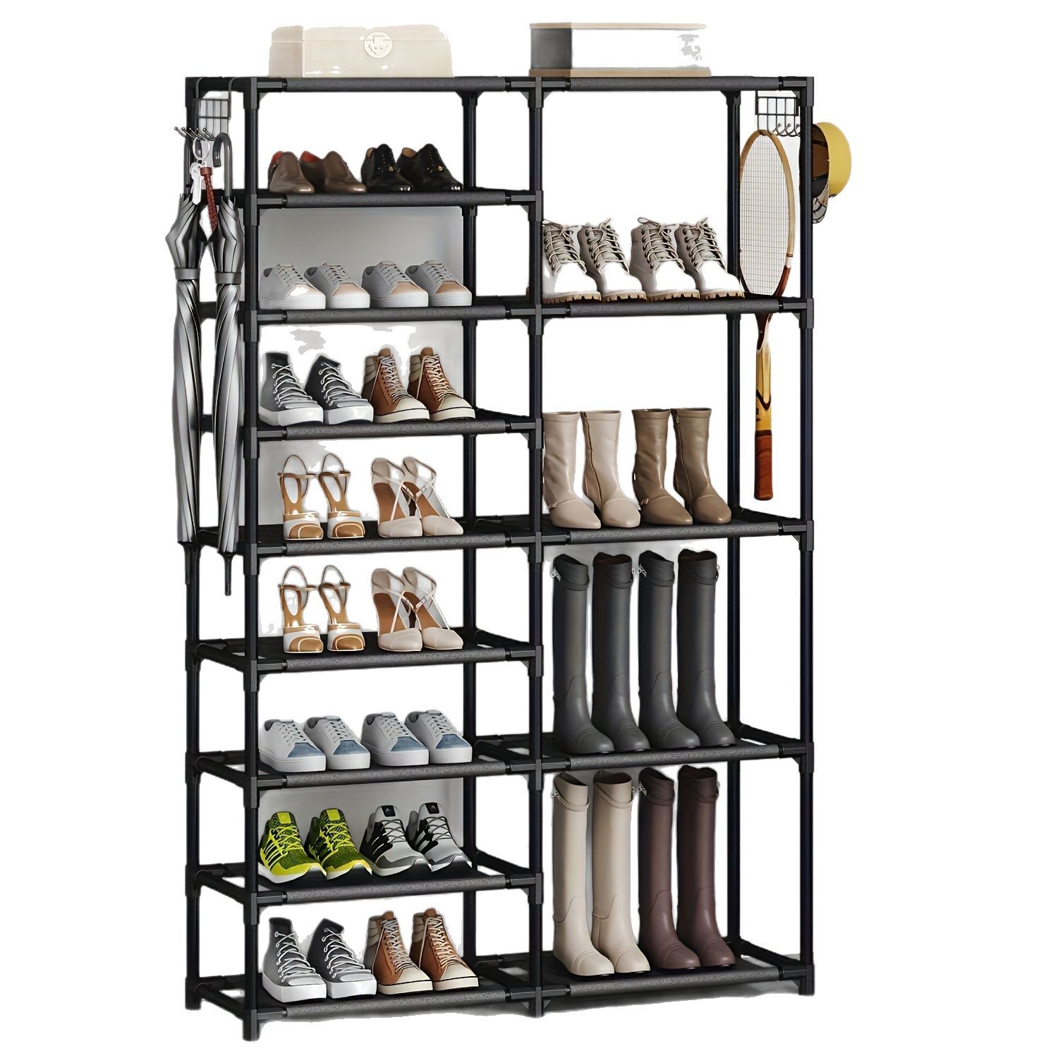 Rack de zapatos alto, rack de zapatos de garaje de gran capacidad, rack de zapatos grande dos filas de ganchos multifuncionales, organizador de rack de zapatos