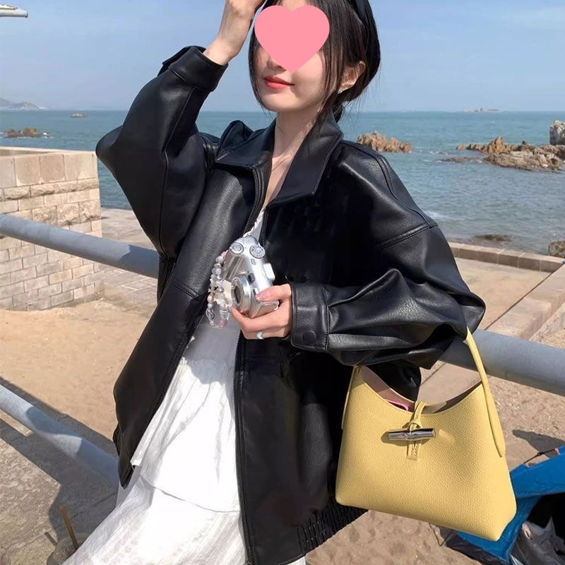 Elegant Black Leather Jacket for Women, Early Spring New Style, Fashionable Motorcycle Jacket Top This Year