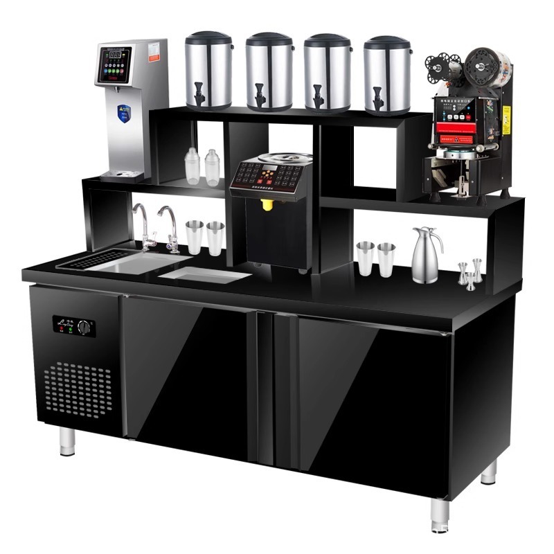 ブラックチタン鋼コーヒーウォーターバーミルクティーショップ商業機器フルセットステンレス鋼冷蔵ドリンクミルクティーテーブルカスタマイズ|undefined