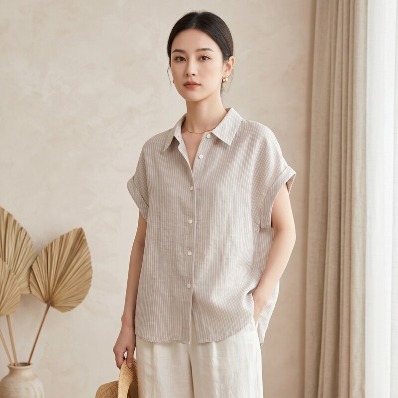 Summer New Retro Short-Sleeved Linen Shirt Women's Square Collar Artistic Cardigan Shirt Casual Japanese Style Lazy Top
