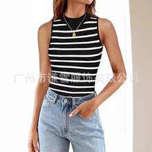 2024速卖通女式背心夏季无袖罗纹高领修身条纹基本款