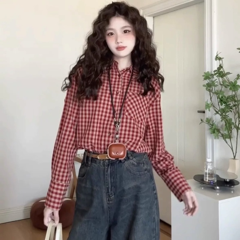 韩系复古红色格纹衬衫外套女春秋休闲宽松气质设计感防晒衬衣上衣|undefined