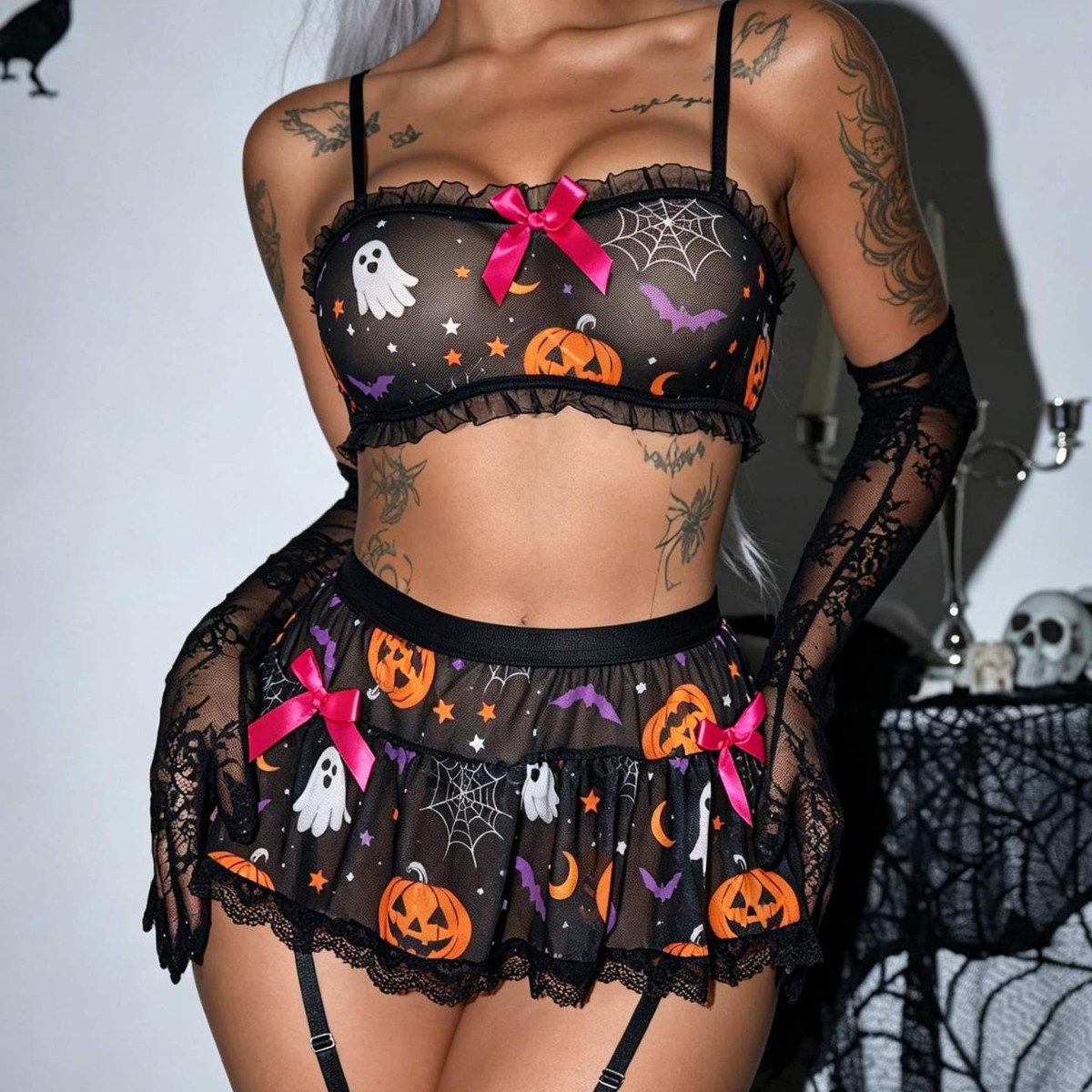 Halloween Cosplay Christmas Horror Sexy See-Through Cosplay Outfit Suspender Short Skirt Printed Lingerie Set
