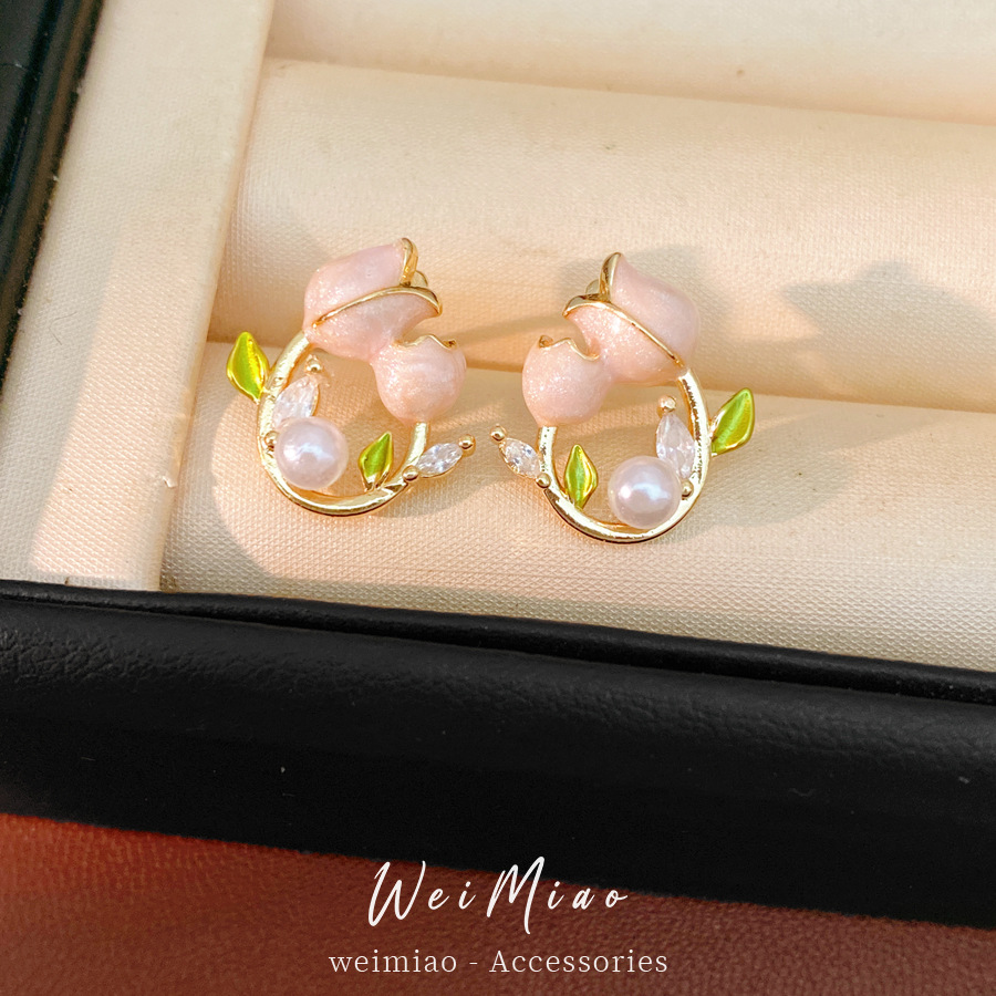 Aguja de plata zircon goteo flor tulipa perla pendientes temperamento dulce delicado pendientes ligeros lujosos de alta calidad pendientes