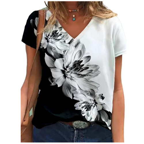 Summer eBay 3D digital printing V-neck women's loose fit women's T-shirt European and American milk silk