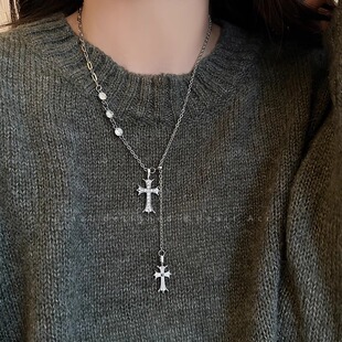 Double Cross Pendant Necklace Women's Long Hip Hop Autumn and Winter Sweater Chain Fashion Simple Couple Sweater Chain Accessories