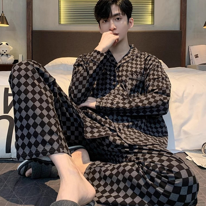 남성용 순면 잠옷 봄, 가을 가디건 긴팔 정장 2024 새로운 고급 대형 사이즈는 집 밖에서도 입을 수 있습니다