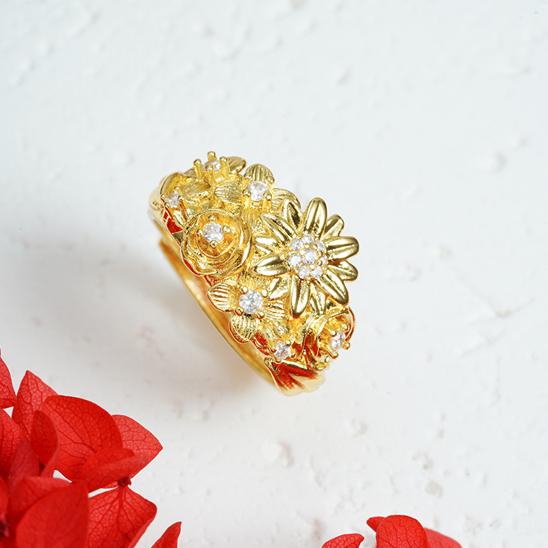 Anillo de oro de arena vietnamita retro floreciente brocado anillo de flores de bronce de lujo ligero dorado no se desvanece joyas