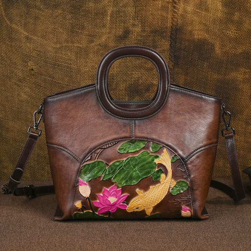 Genuine Leather Women's Bag, Vegetable-Tanned Leather, Hand-Painted Embossed Handbag, High-End Feel, Single Shoulder Crossbody Bag, Artistic Chinese Style, Niche Design