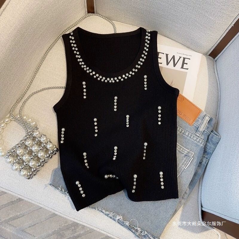 Summer New Slim-Fit Design Sleeveless Top for Outerwear, Stylish and Slimming Beaded Knit Camisole Heavy-Duty Vest Summer New Slim-Fit Design Sleeveless Top for Outerwear, Stylish and Slimming Beaded Knit Camisole Heavy-Duty Vest