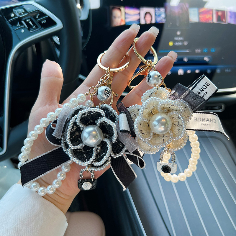 Bow Pearl Element Camellia Keychain Hanging Fashion Personality Women's Car Key Chain Fabric Pendant