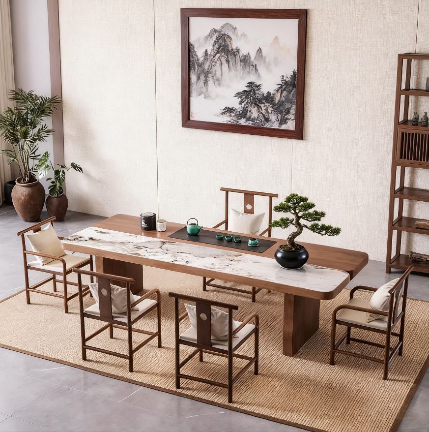 베스트 셀러: 1.6 m 티 테이블 + 마스터 의자 + 젠 맛 의자 * 4 + 한정 티 캐비닛