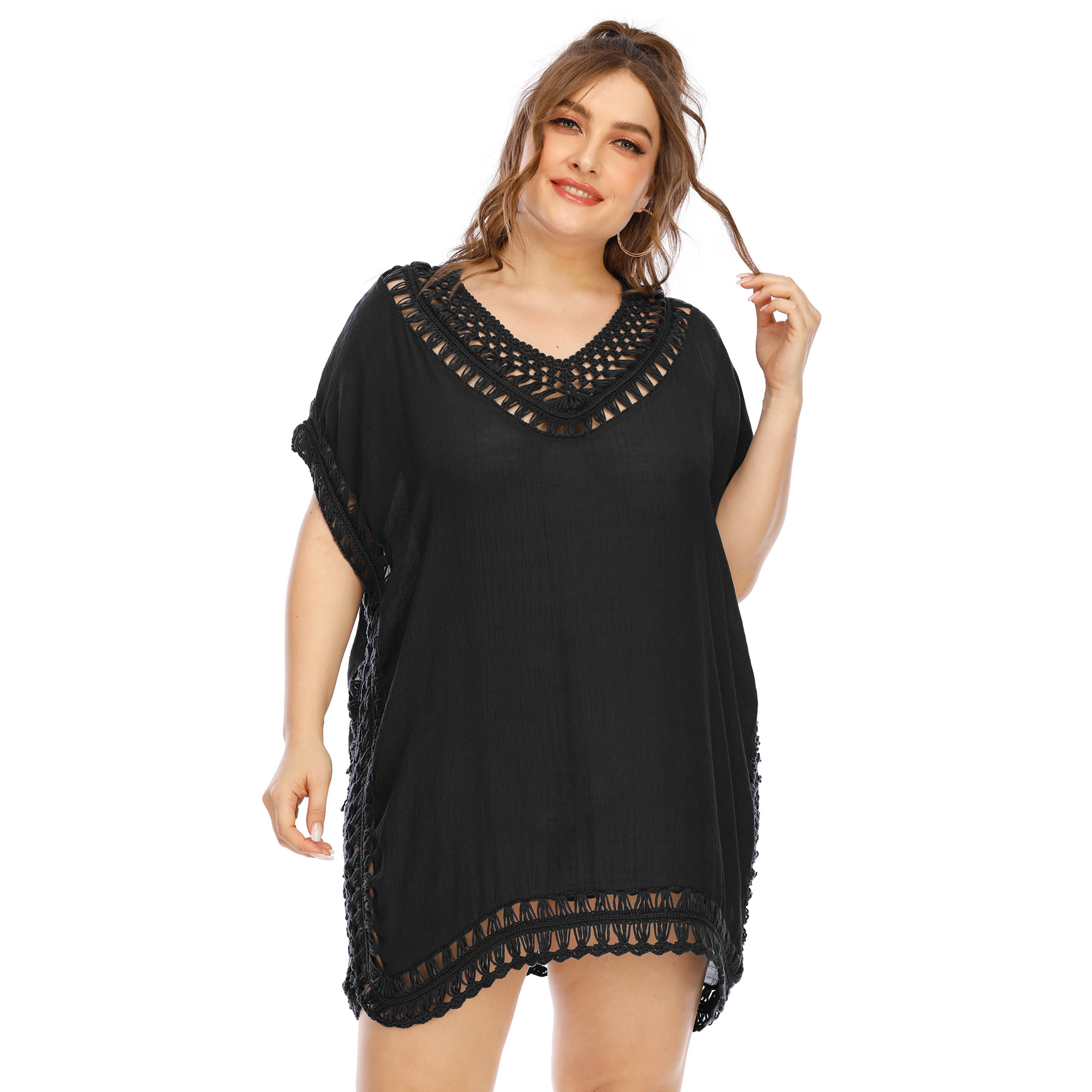 plus size hollow V-neck short sleeve loose solid color beach outdoor cover-up (multicolor) NSOY125343