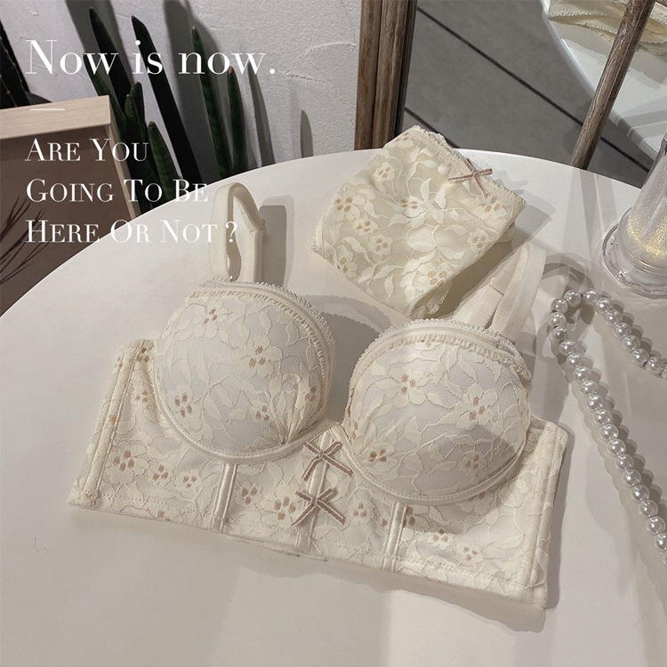 6809 Ropa interior de ajuste floral dulce para mujer, sin anillo de acero, pecho pequeño de grosor medio, conjunto de sujetador de recolección lateral en V profundo