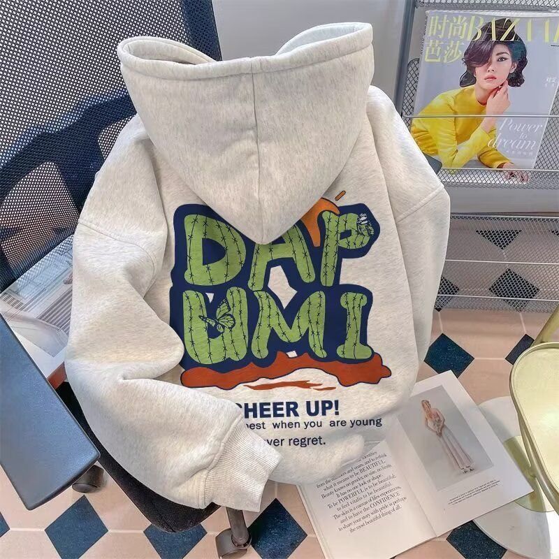 Silver Fox Velvet American Street Cactus Letter Print Hooded Sweatshirt for Men and Women Autumn and Winter Ins Easiest for Match Loose Jacket