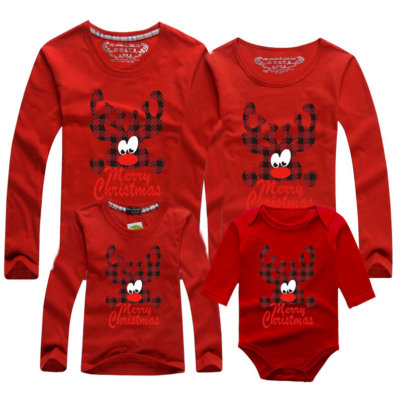 Feliz Navidad Año Nuevo familia transfronteriza padre-hijo pareja de algodón rojo de manga larga Camiseta bebé mono mameluco