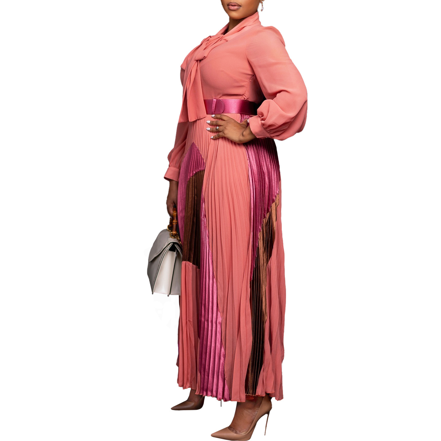 Color Block Pattern Wholesale Women's Elegant Belt Color Block Cocktail Party Shirt Collar Long Sleeve Sheath Dress