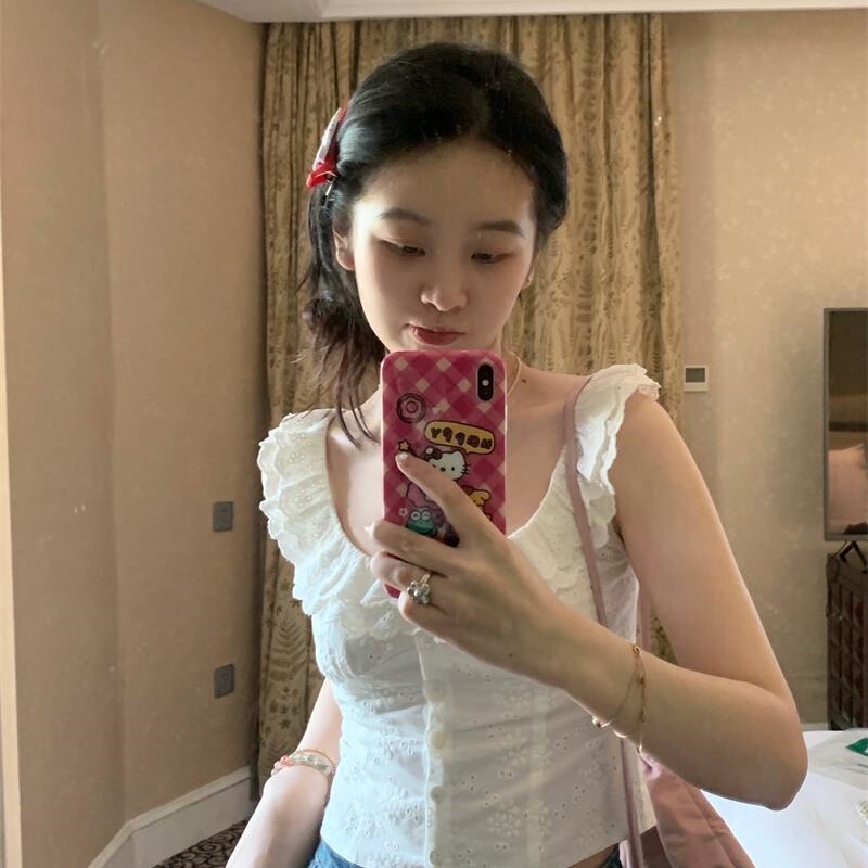 Embroidered Sweet Girl Style Slim Fit Lotus Leaf Vest Suspender Women's Summer Outer Wear Spring and Summer Lace White Back Gentle Shirt Top